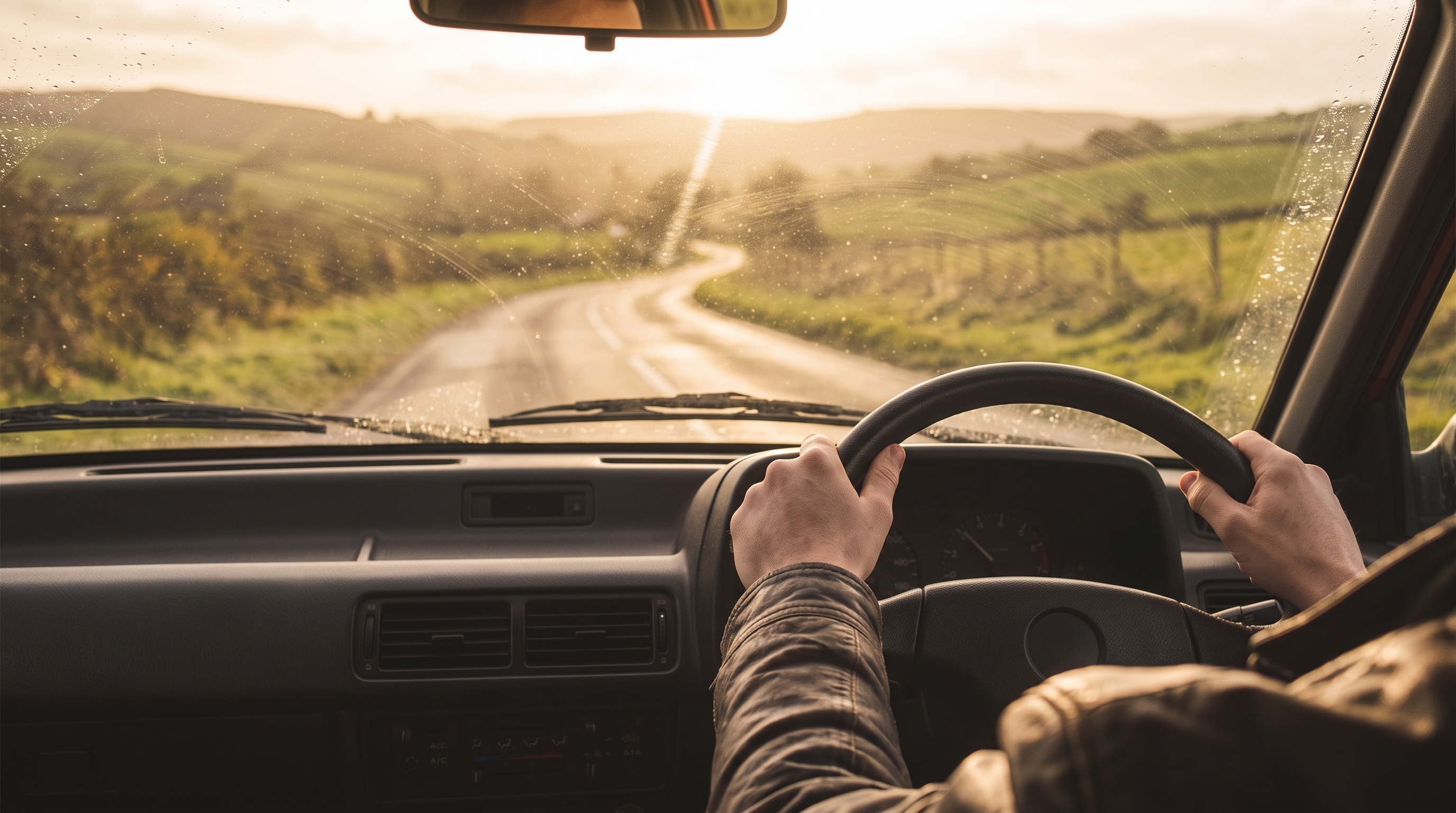 A view from inside a car showing a driver's hands on the steering wheel. Through the streaked windshield, a winding country road stretches into rolling green hills at sunset.